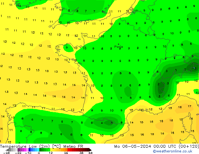 Temperature Low (2m) Meteo FR Mo 06.05.2024 00 UTC