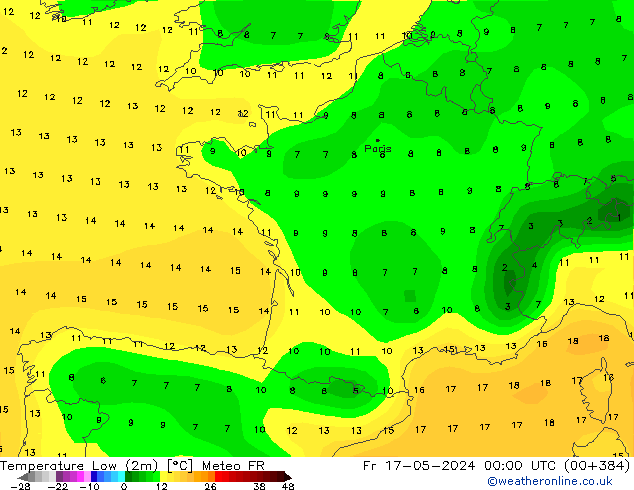 Min. Temperatura (2m) Meteo FR pt. 17.05.2024 00 UTC