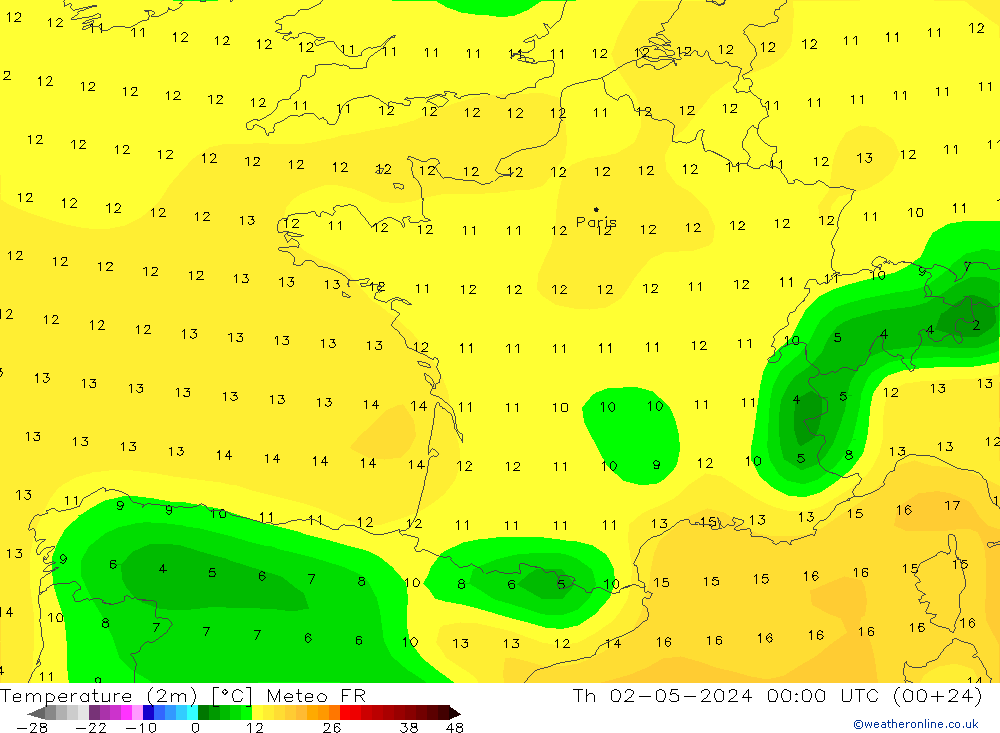 Temperatuurkaart (2m) Meteo FR do 02.05.2024 00 UTC