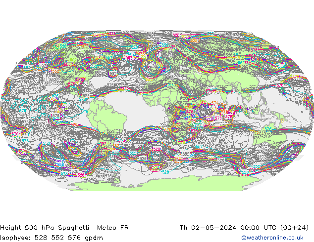Height 500 hPa Spaghetti Meteo FR gio 02.05.2024 00 UTC