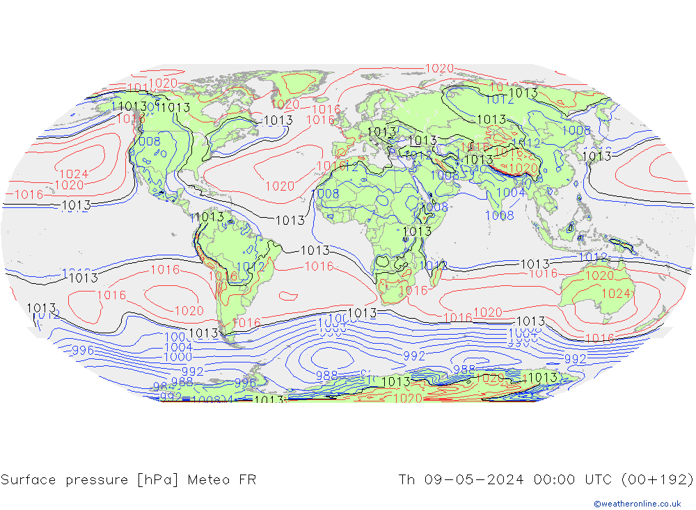Surface pressure Meteo FR Th 09.05.2024 00 UTC