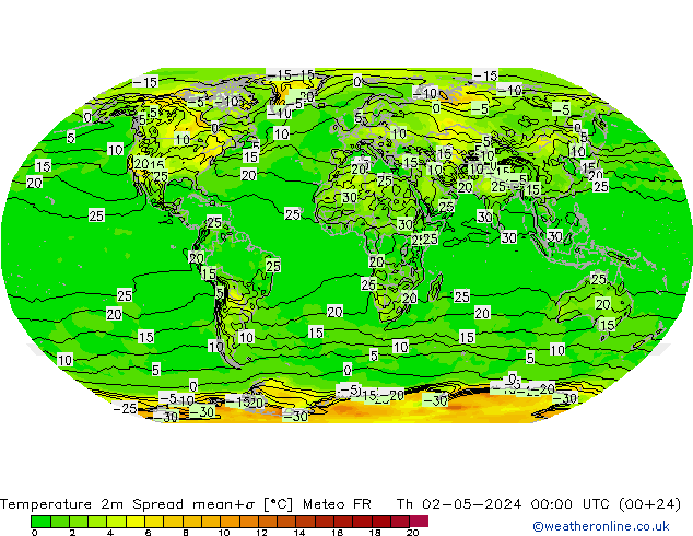 Temperatura 2m Spread Meteo FR jue 02.05.2024 00 UTC