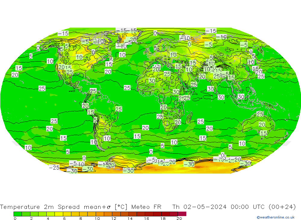 Temperatura 2m Spread Meteo FR gio 02.05.2024 00 UTC