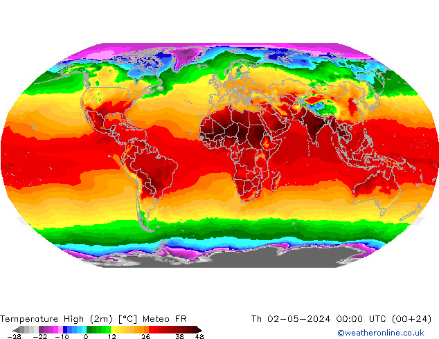 Nejvyšší teplota (2m) Meteo FR Čt 02.05.2024 00 UTC