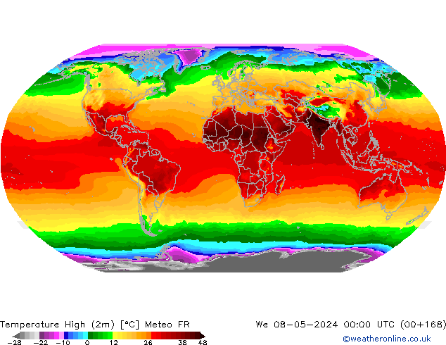 Nejvyšší teplota (2m) Meteo FR St 08.05.2024 00 UTC