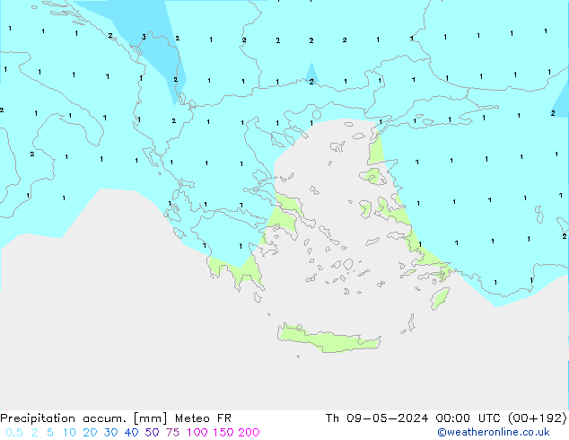 Precipitation accum. Meteo FR Čt 09.05.2024 00 UTC