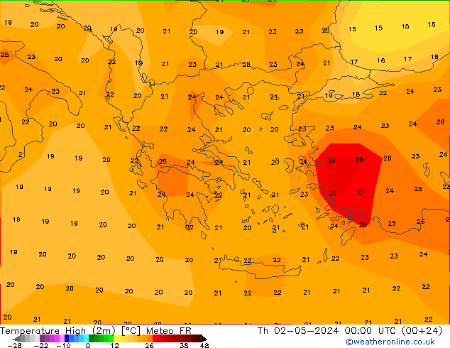 Max.temperatuur (2m) Meteo FR do 02.05.2024 00 UTC