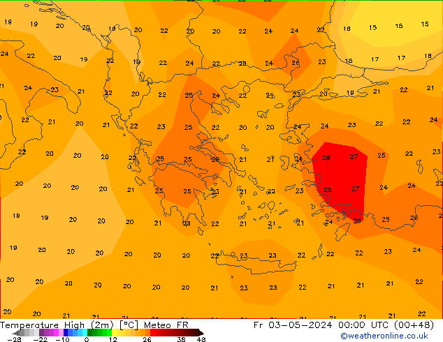 Nejvyšší teplota (2m) Meteo FR Pá 03.05.2024 00 UTC