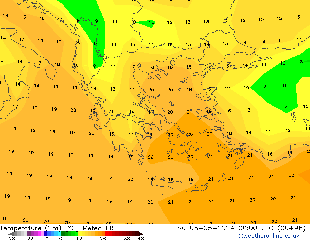Temperatuurkaart (2m) Meteo FR zo 05.05.2024 00 UTC