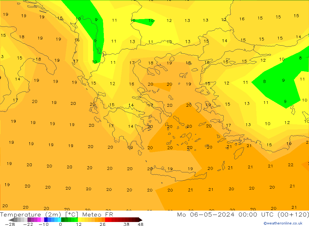 Temperatuurkaart (2m) Meteo FR ma 06.05.2024 00 UTC