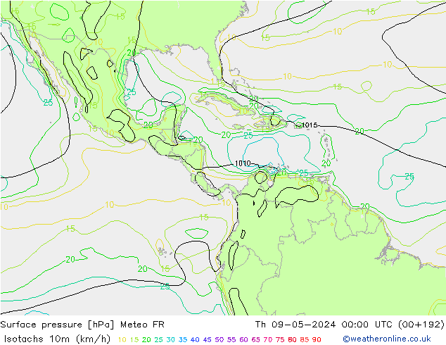 Izotacha (km/godz) Meteo FR czw. 09.05.2024 00 UTC