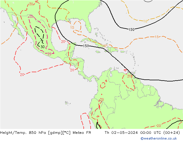 Géop./Temp. 850 hPa Meteo FR jeu 02.05.2024 00 UTC