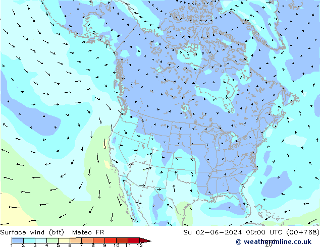 Viento 10 m (bft) Meteo FR dom 02.06.2024 00 UTC