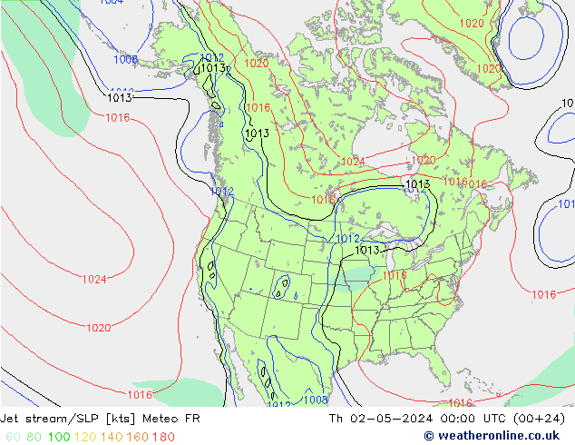 高速氣流/地面气压 Meteo FR 星期四 02.05.2024 00 UTC
