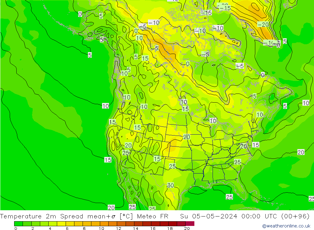 Temperature 2m Spread Meteo FR Su 05.05.2024 00 UTC