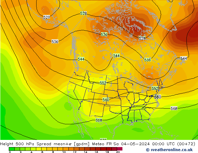 Hoogte 500 hPa Spread Meteo FR za 04.05.2024 00 UTC