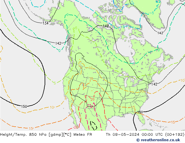 Hoogte/Temp. 850 hPa Meteo FR do 09.05.2024 00 UTC