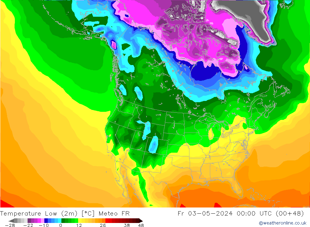 Temperatura mín. (2m) Meteo FR vie 03.05.2024 00 UTC