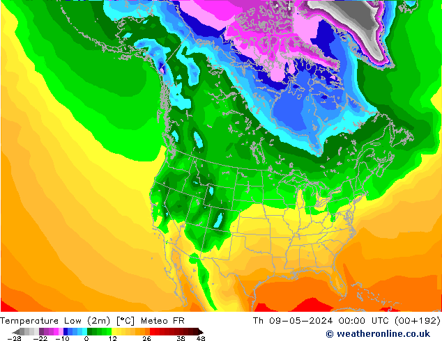 Temperature Low (2m) Meteo FR Th 09.05.2024 00 UTC