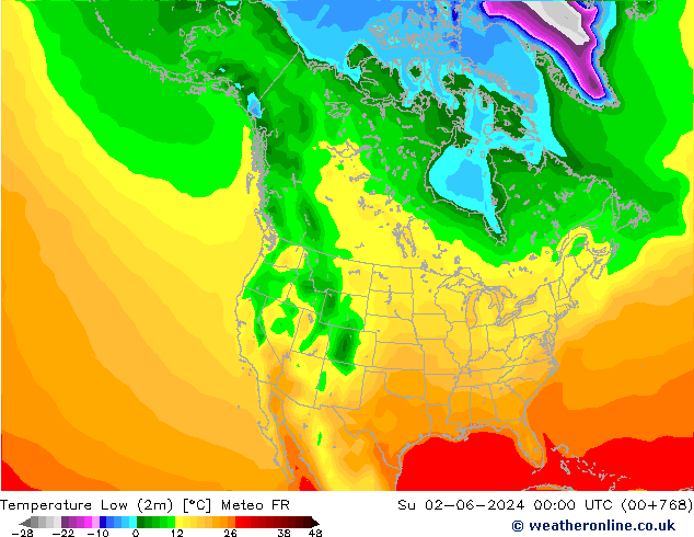 Min.temperatuur (2m) Meteo FR zo 02.06.2024 00 UTC