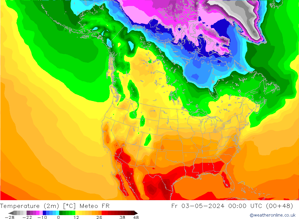 Temperatuurkaart (2m) Meteo FR vr 03.05.2024 00 UTC