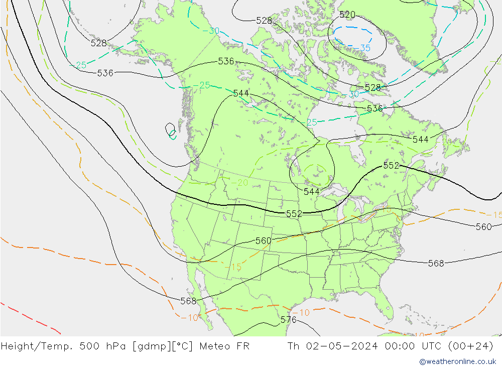 Height/Temp. 500 hPa Meteo FR Čt 02.05.2024 00 UTC