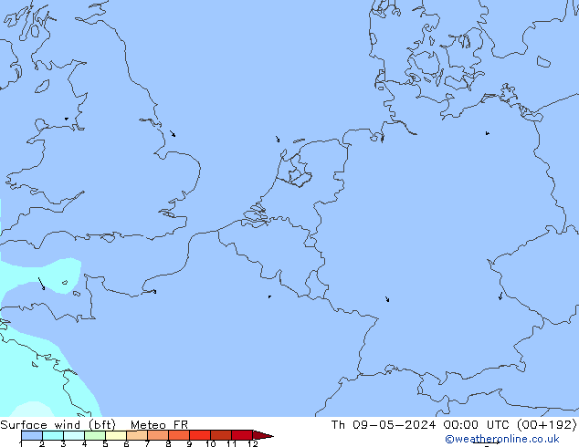 Surface wind (bft) Meteo FR Čt 09.05.2024 00 UTC