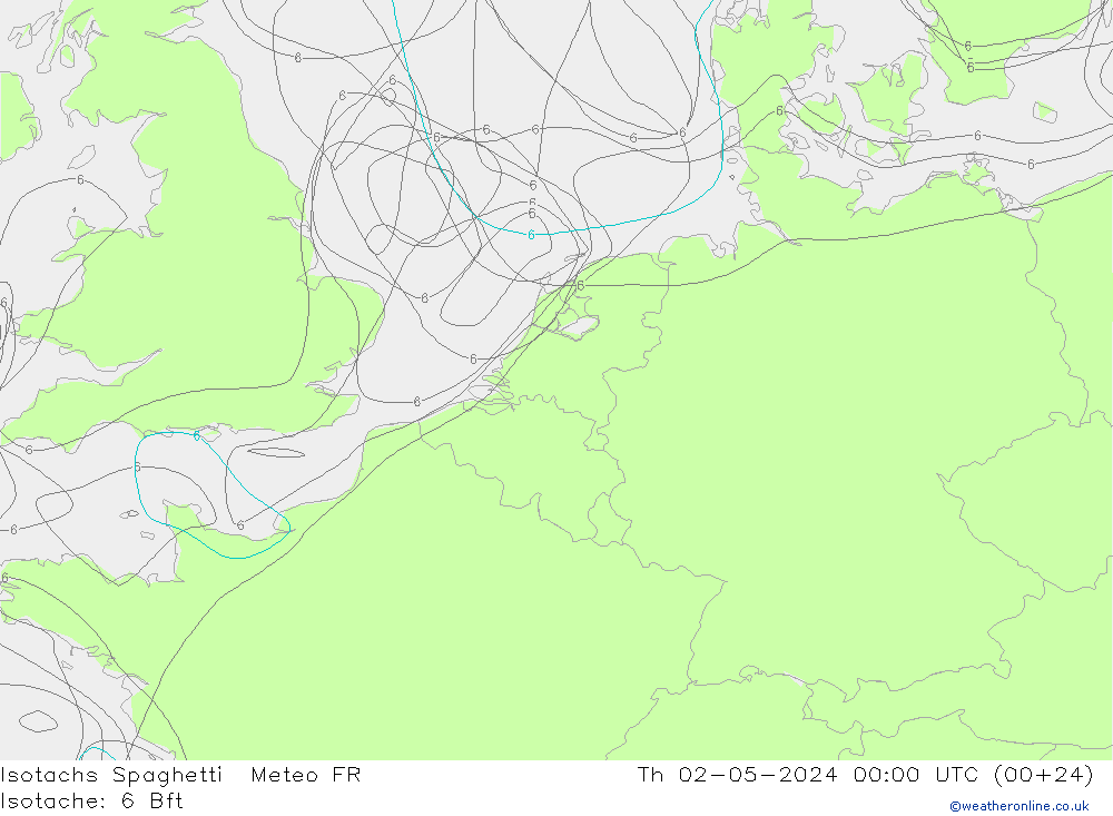 Isotachs Spaghetti Meteo FR 星期四 02.05.2024 00 UTC