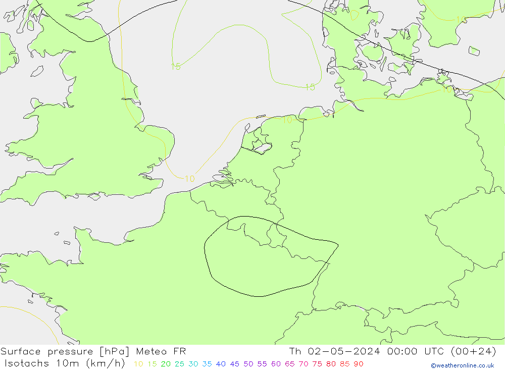 10米等风速线 (kph) Meteo FR 星期四 02.05.2024 00 UTC