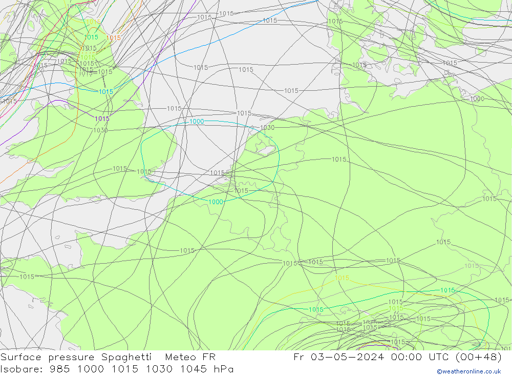 Surface pressure Spaghetti Meteo FR Fr 03.05.2024 00 UTC