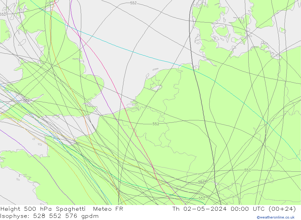 Height 500 hPa Spaghetti Meteo FR Čt 02.05.2024 00 UTC