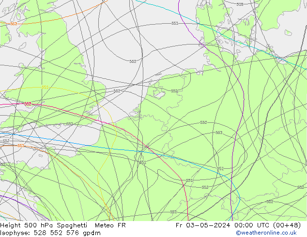 Height 500 hPa Spaghetti Meteo FR 星期五 03.05.2024 00 UTC