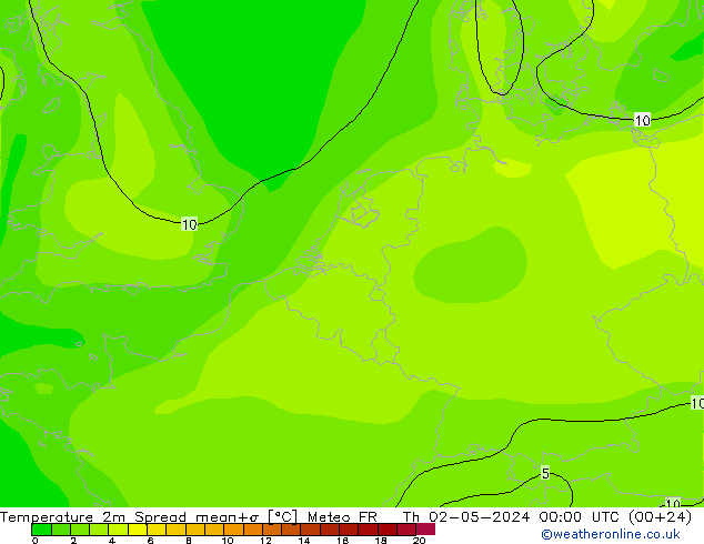 温度图 Spread Meteo FR 星期四 02.05.2024 00 UTC