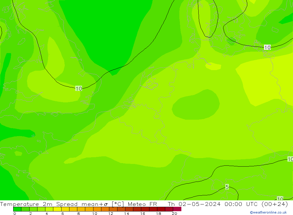 温度图 Spread Meteo FR 星期四 02.05.2024 00 UTC