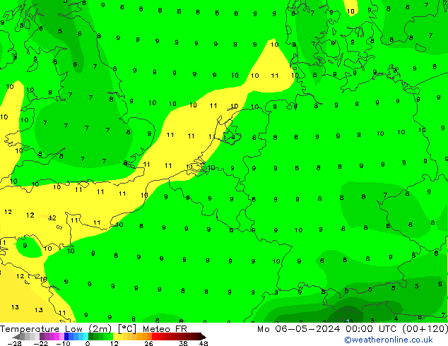 Temperatura mín. (2m) Meteo FR lun 06.05.2024 00 UTC