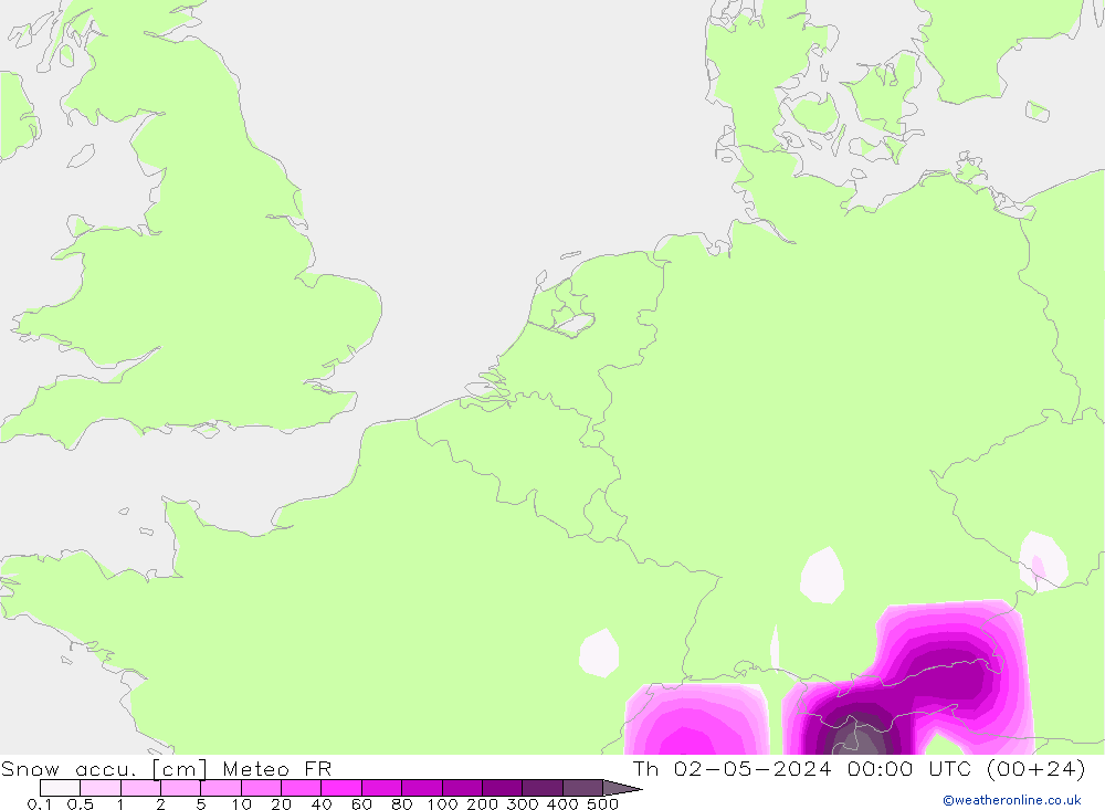 Snow accu. Meteo FR 星期四 02.05.2024 00 UTC