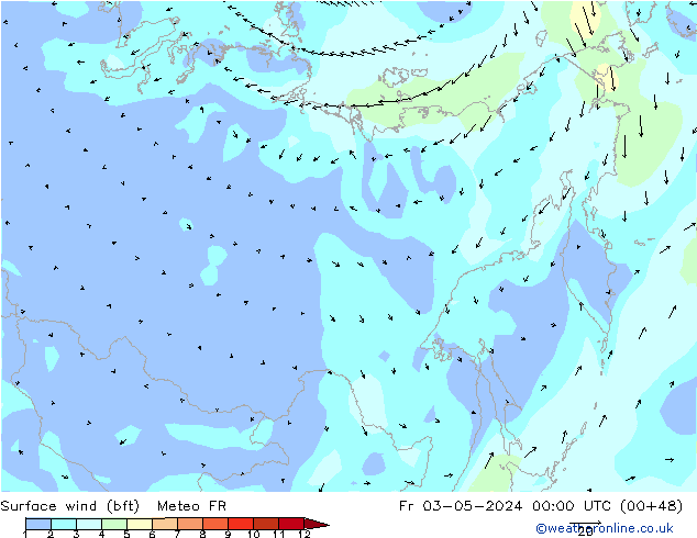 Surface wind (bft) Meteo FR Fr 03.05.2024 00 UTC