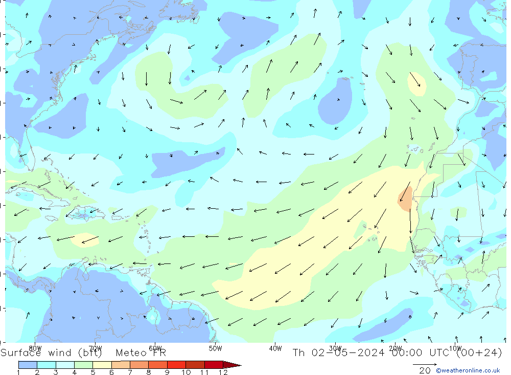 Vento 10 m (bft) Meteo FR Qui 02.05.2024 00 UTC