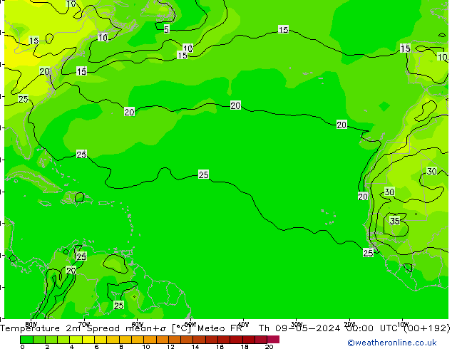 Temperature 2m Spread Meteo FR Čt 09.05.2024 00 UTC