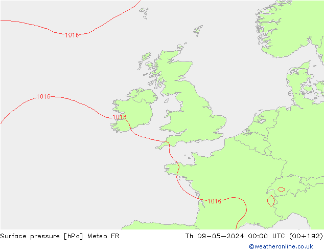 Surface pressure Meteo FR Th 09.05.2024 00 UTC