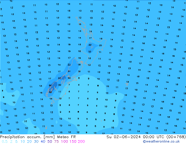 Totale neerslag Meteo FR zo 02.06.2024 00 UTC