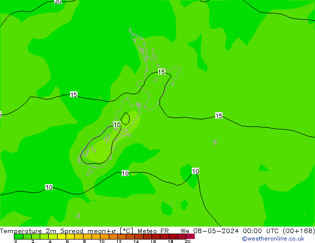 Temperatura 2m Spread Meteo FR mié 08.05.2024 00 UTC