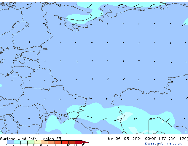 wiatr 10 m (bft) Meteo FR pon. 06.05.2024 00 UTC