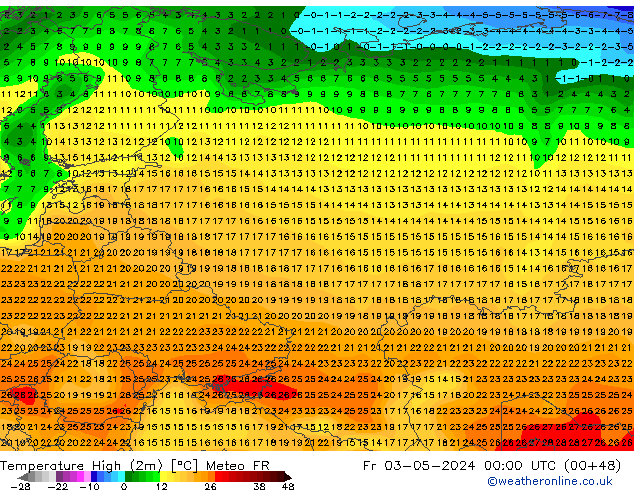 Nejvyšší teplota (2m) Meteo FR Pá 03.05.2024 00 UTC