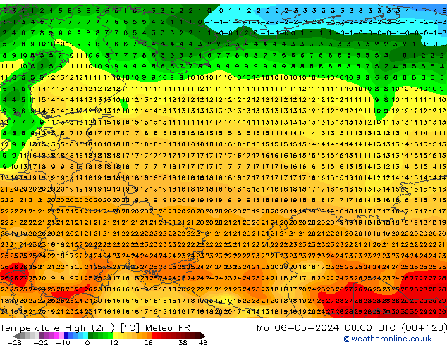 Nejvyšší teplota (2m) Meteo FR Po 06.05.2024 00 UTC