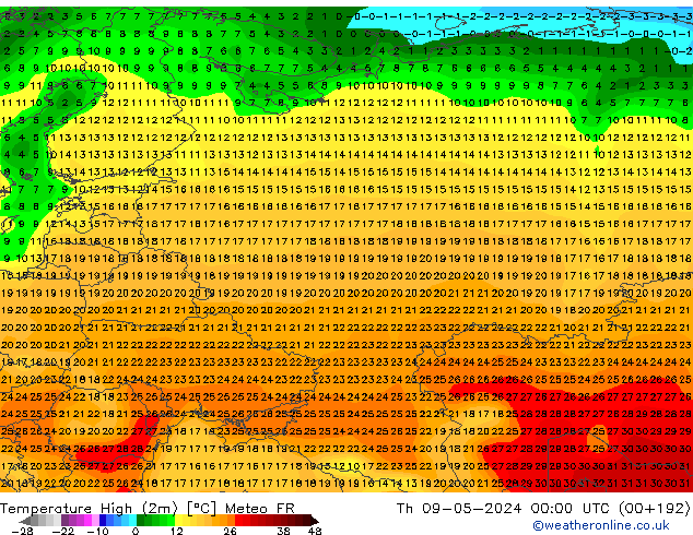 Nejvyšší teplota (2m) Meteo FR Čt 09.05.2024 00 UTC