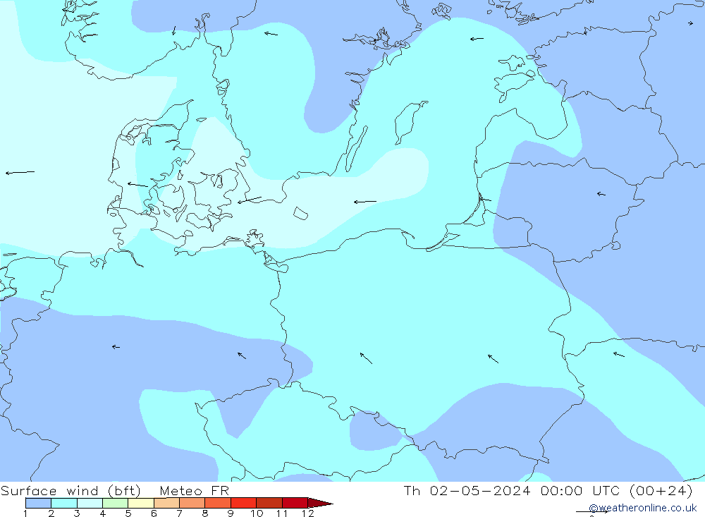 Viento 10 m (bft) Meteo FR jue 02.05.2024 00 UTC