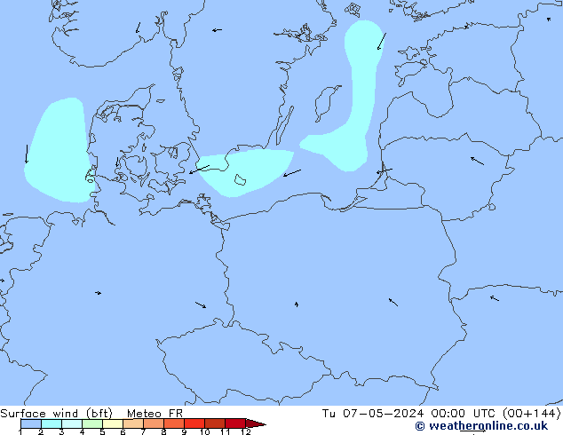 Surface wind (bft) Meteo FR Tu 07.05.2024 00 UTC