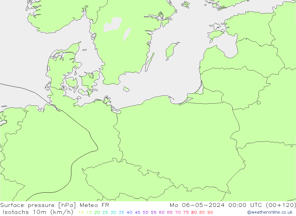 Izotacha (km/godz) Meteo FR pon. 06.05.2024 00 UTC