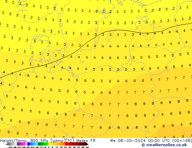 Hoogte/Temp. 850 hPa Meteo FR wo 08.05.2024 00 UTC